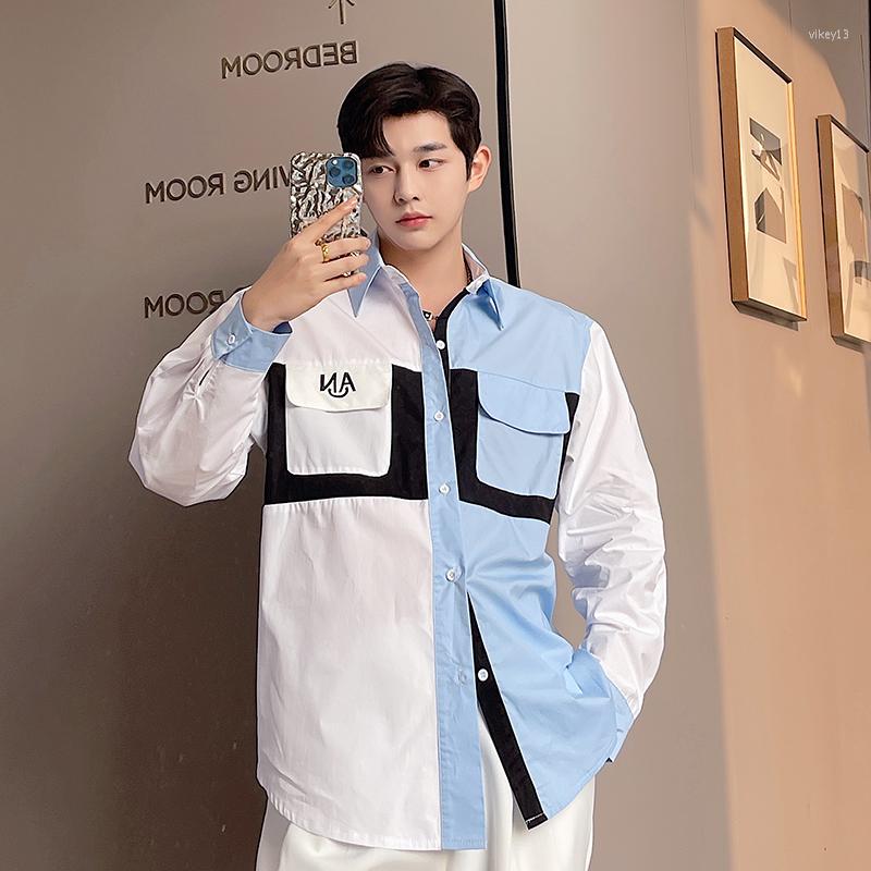 

Men's Casual Shirts Shirt Men Splice Color Loose Long Sleeve Youth Fashion Korean Streetwear Chic And Blouse For Male, H1588