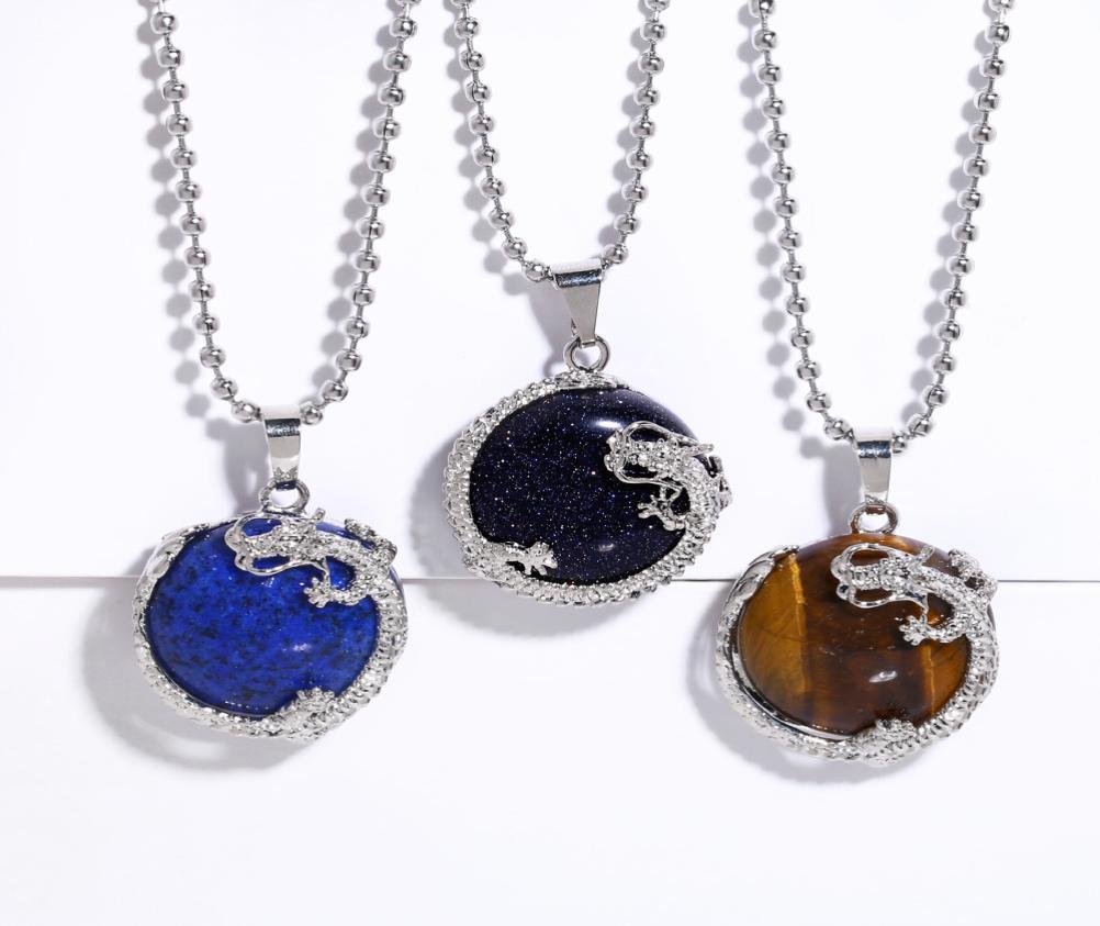 

Round Natural Stone Necklaces Animal Dragon Wrap Pendant Silver Beads Chain Men Fashion Lapis Amethyst Tiger Eye Rose Quartz Brown5846513