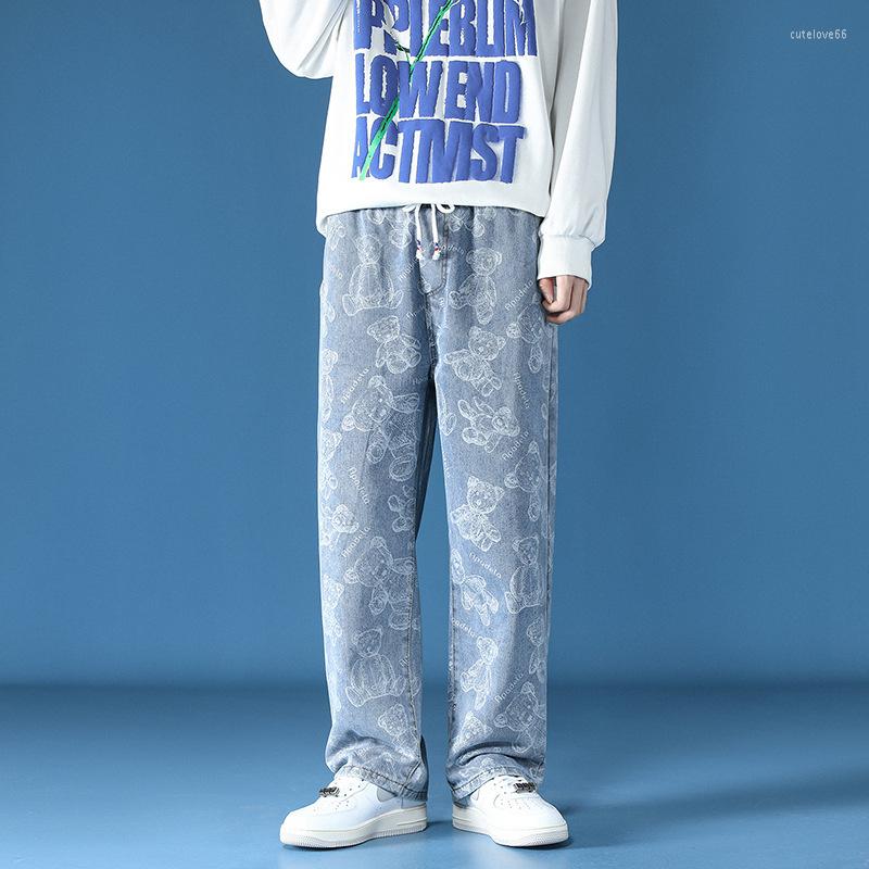 

Men' Jeans High Street Bear Print Straight Baggy For Men Casual Korean Fashion Denim Trousers Male Y2k Streetwear Jean Pantalones, Black