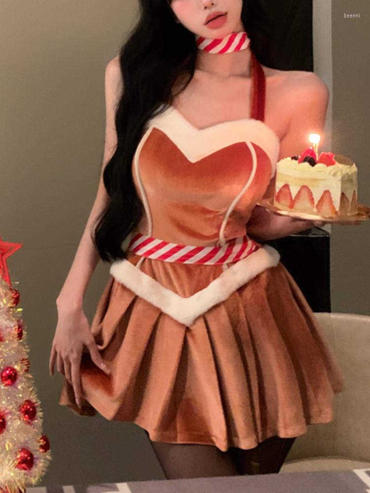 

Casual Dresses Christmas Sexy Velvet Dress Women Korean Style Designer Kawaii Party Female Sleeveless Chic Halter Mini Winter 2023, Christmas dress