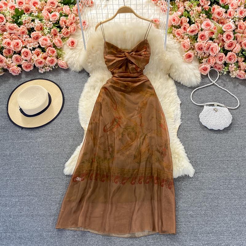 

Casual Dresses Summer French Vintage Print Twisted Bra Dress High Waist Open Back Strap Beach Holiday Skirt, Coffee