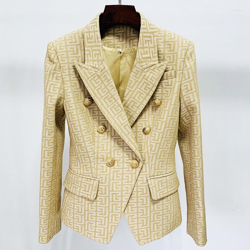 

Women' Suits Blazer Women Khaki Plaid Labyrinth Jacquard Double Breasted Gold Lion Button Office Business Blazers Jacket 2023 High Quality, Pink blazer