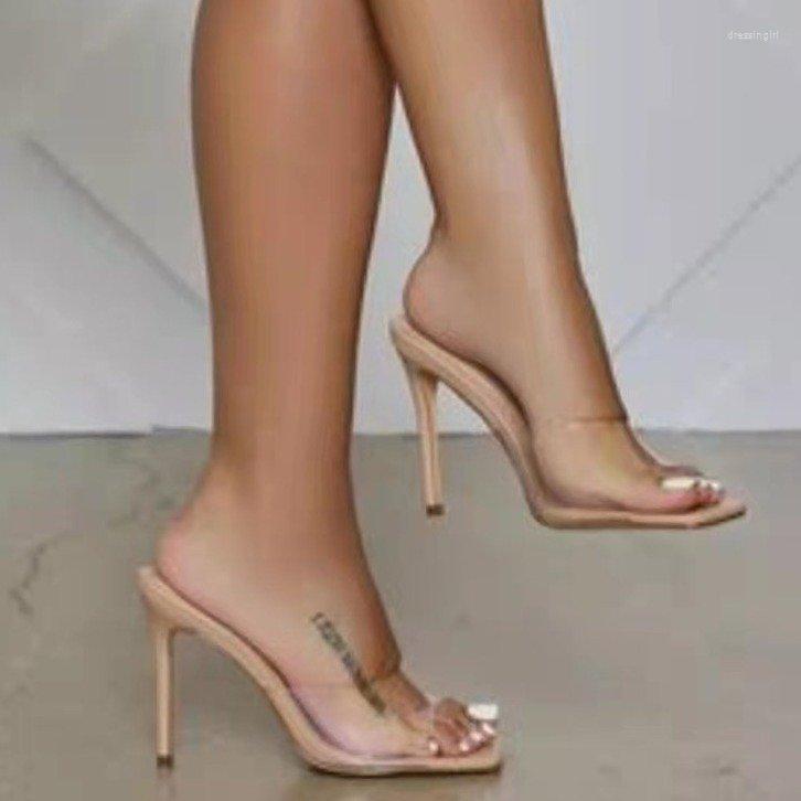 

Slippers Summer Ladies' PVC Transparent High Heels Clear Crystal Slides Mules Female Sandals Siez 43 Women Shoes Daily Peep Toe, Beige