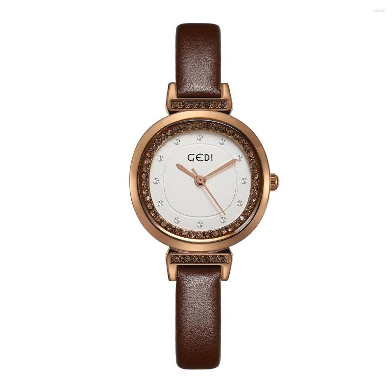 

Wristwatches Women's Luxury Vintage Crystal Diamond Leather Strap Quartz Watch Relogio Feminino Montre Femme, Coffee
