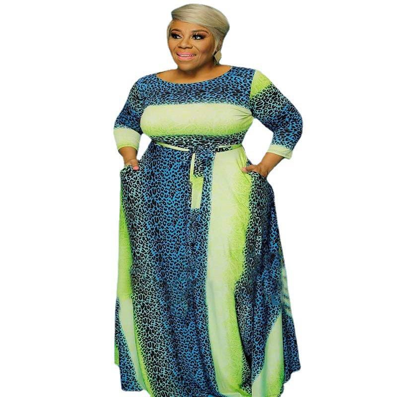 

Plus Size Dresses 4XL 5 XL Loose Print Leopard Dress Long Sleeve Fit And Flare Floor For Woman Vestidos Elegantes Para MujerPlus, Green