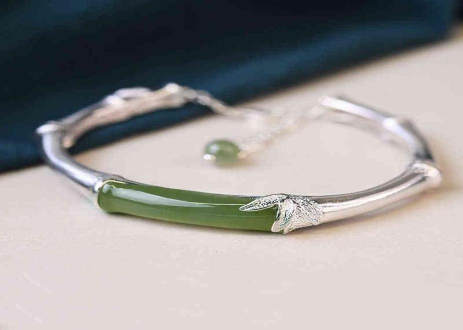 

S925 Sterling Silver Bracelet Natural Hetian Jade Festival High Ethnic Style Bamboo Adjustable Opening Bangle2409153