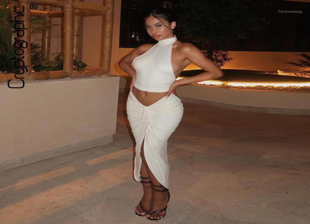 

Women039s Tracksuits Sexy Halter Sleeveless Top And High Waist Skirts Drawstring Ruched Club Party Outfit Two Piece Matching Se3588100, White