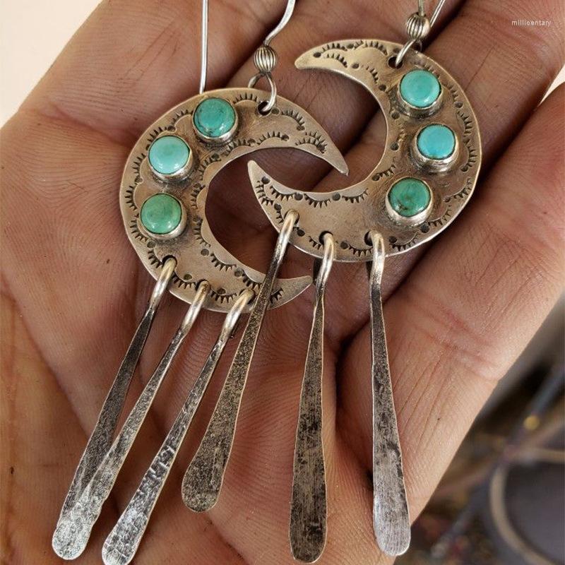 

Dangle Earrings Western Style Crescent Eyelashes Lace Vintage Green Stone Tassel