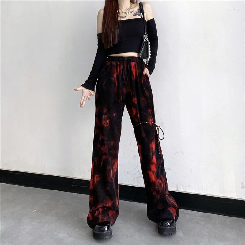 

Women' Pants Women Tie Dye Cool Street Goth Wide Leg Pant Dark Gothic Black Red Lady Long Autumn Elastic Waist Lace-up Slim Trouser