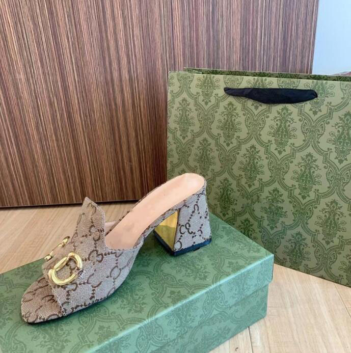 

Designer Mules Thick Heel Slippers Women Loafers Genuine Leather Square Head Sandals 23GG luxury Casual Shoes Horsebit Princetown Metal Chain Shoe Slipper, 06