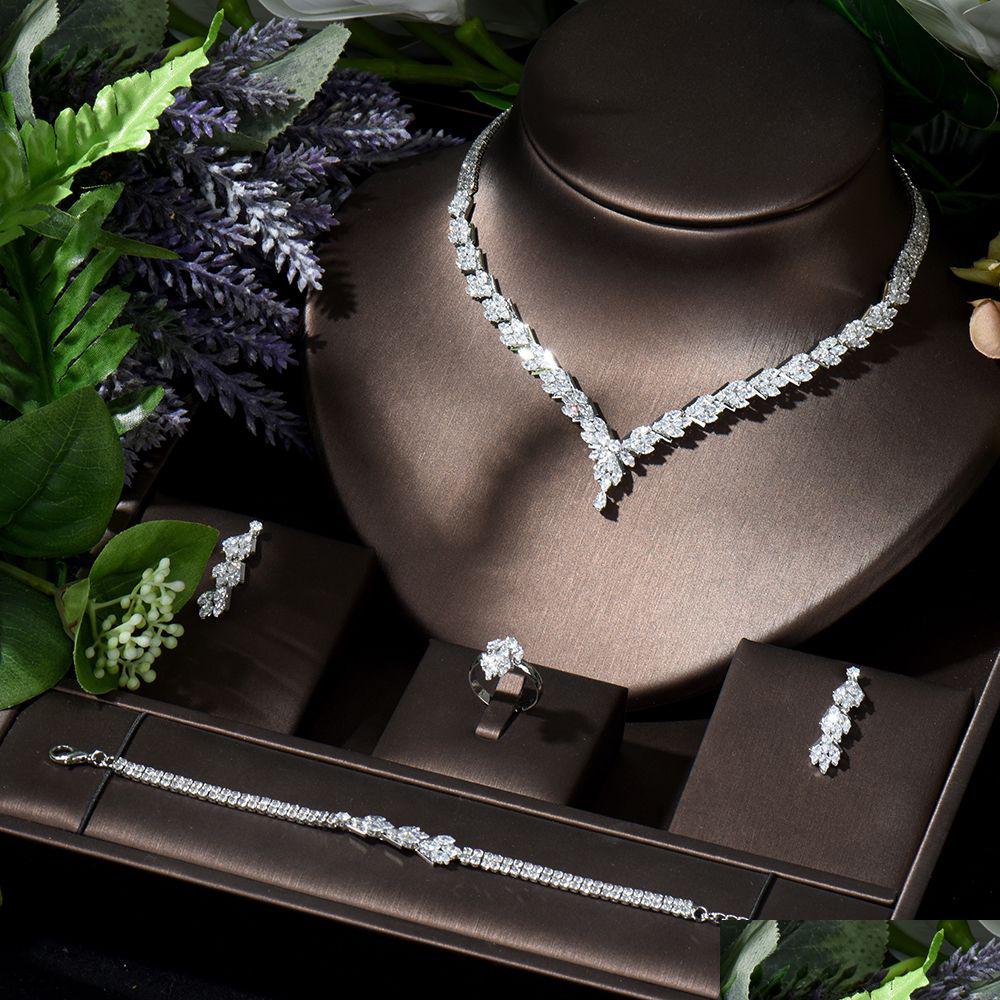 

Jewelry Sets Hibride Fashion Leaf Design 4Pcs Aaa Cz Women Bridal Set Earring Necklace Parrure Bijoux Femme Mariage Dhgarden Dhn1U