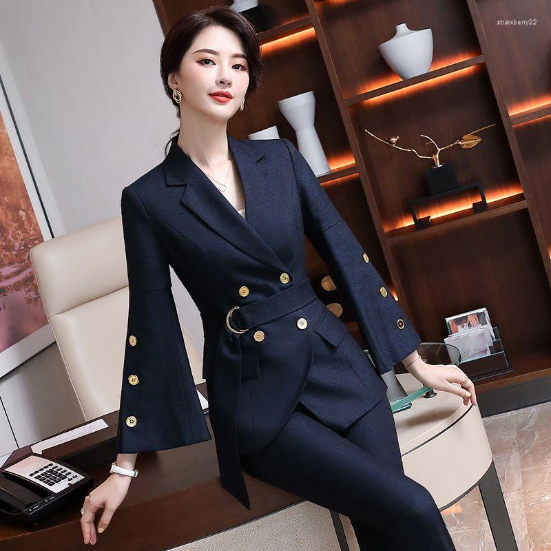 

Women' Two Piece Pants Suit Coat Women' Autumn And Winter Clothing Temperament Foreign Mature Royal Sister Celebrity Casual Sets, Blue suit trousers