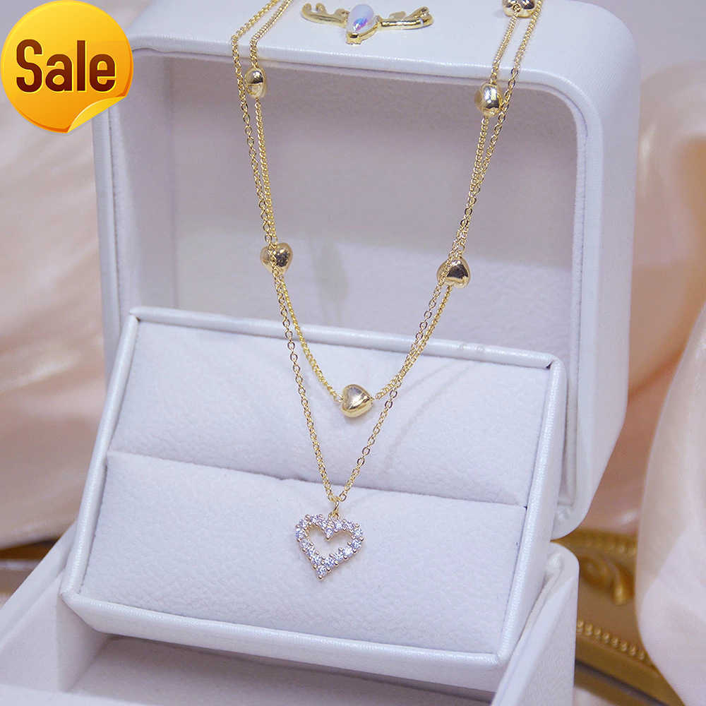 

Gold Plated Necklace Layered Hollow Heart Crystal Pendant Clavicle Necklace Girls Women Jewelry