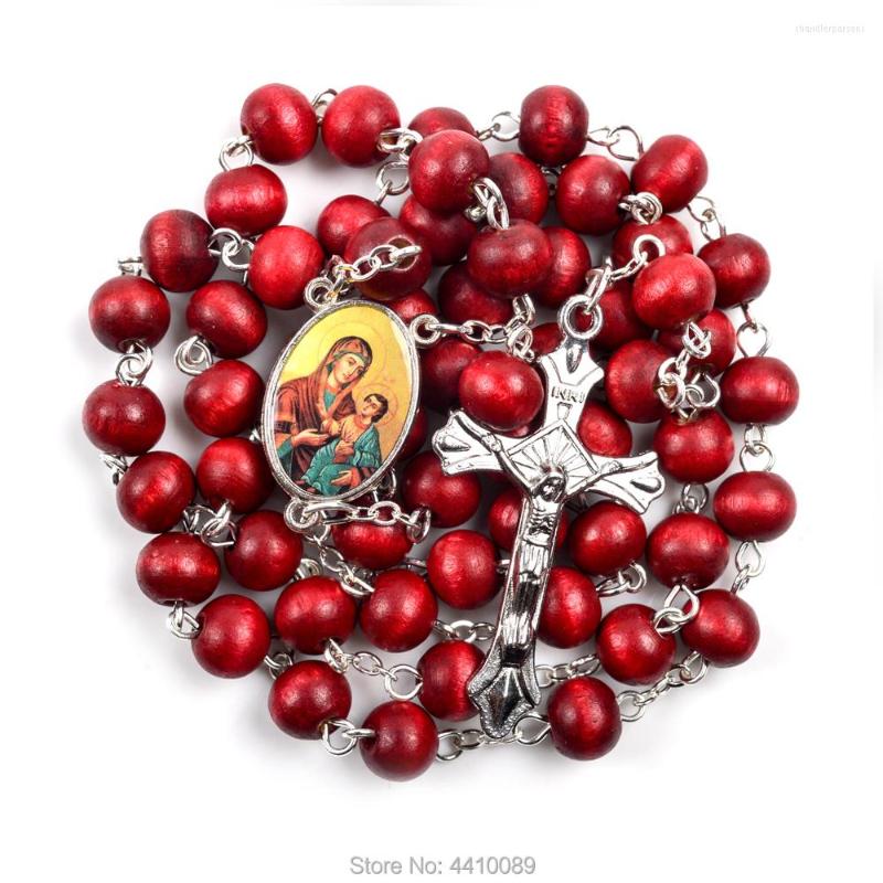 

Chains Wood Rosary 8 Mm Round Red Wooden Beads Catholic Necklace Men