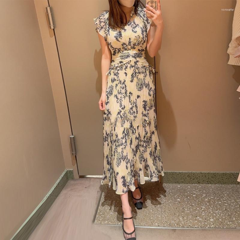 

Casual Dresses Neploe Lace Up Flying Sleeve Printed Dress Japan Waist Wrapped Pleated Robe Femme 2023 Spring Stand Collar Slim Fit Vestidos, Blue
