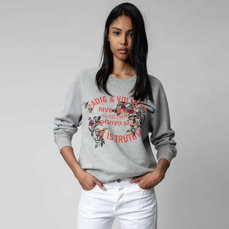 

Zadig Voltaire 23ss Designer Sweatshirt Fashion New Classic Letter Printing Heavy Industry Flower Embroidery Women Round Neck Pullover Jumper Sweater, Gray