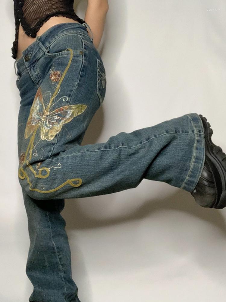 

Women' Jeans Emo High Street Spice Retro Butterfly Print Grunge Fairy Fashion Y2k Pants Cyber Alt Cloth Harajuku, Blue