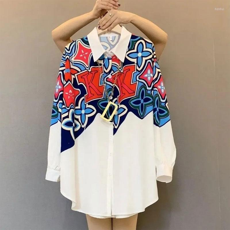 

Women's Blouses Street Wear Fashion Printed Contrasting Colors Shirt Casual Spliced Loose Korean Female Clothing Spring Single-breasted, Picture color