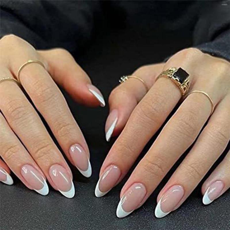 

False Nails Almond Glue On Set White Edge Nail Tips Glossy Stick For Women And Girls Decoration Art PR Sale, Glue models