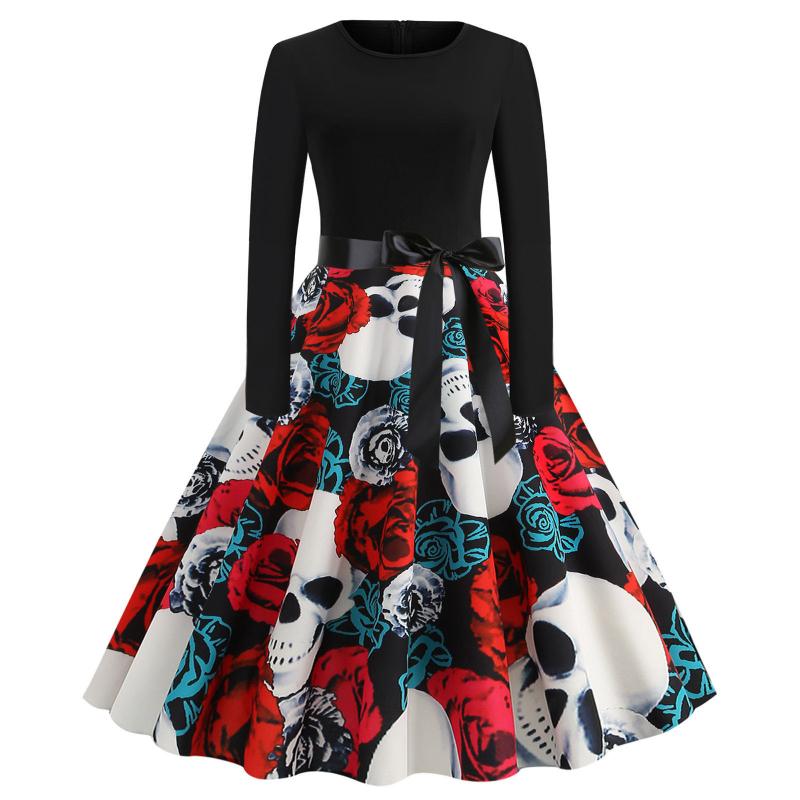 

Casual Dresses Women Halloween Dress 2023 Autumn Winter Patchwork Long Sleeve Swing Midi Vintage Party Costume Vestidos Robe Femme, Red