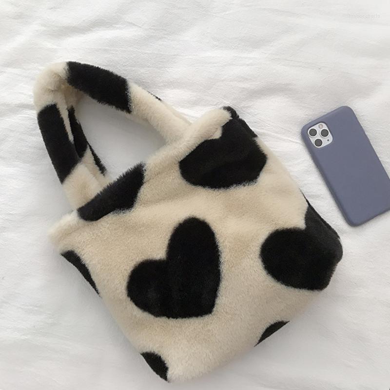 

Evening Bags Cute Soft Plush Women's Small Shoulder Faux Fur Female Furry Tote Bag Black Love Heart Y2k Clutch Purse Handbags, Cute love