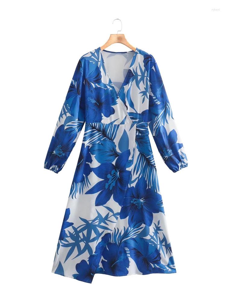 

Casual Dresses Evfer Ladies Elegant Blue Big Flower Print High Waist Long Dress Female V-Neck Sleeve Cross Summer