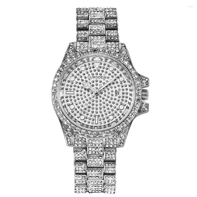 

Wristwatches Top Men Watches Fashion Full Diamond Date Quartz Watch For Man Wristwatch Business Clock Stainless Steel Gift, Gold