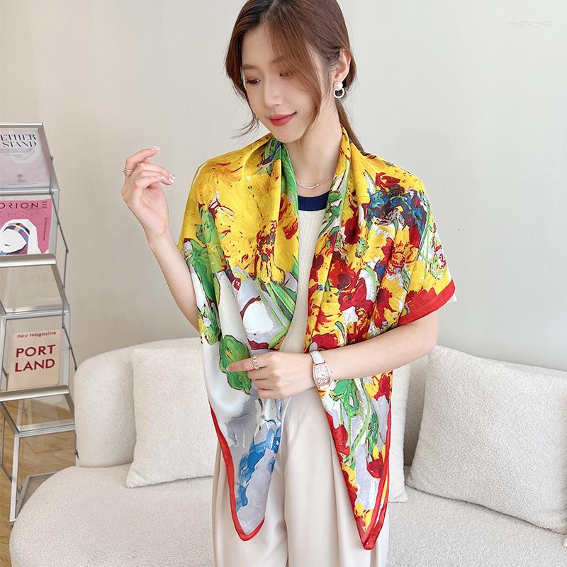 

Scarves Spring Autumn Fashion Oil Painting Flower Printed Hijab 110cm Square Imitated Silk Foulard Travel Decoration Shawl Scarf