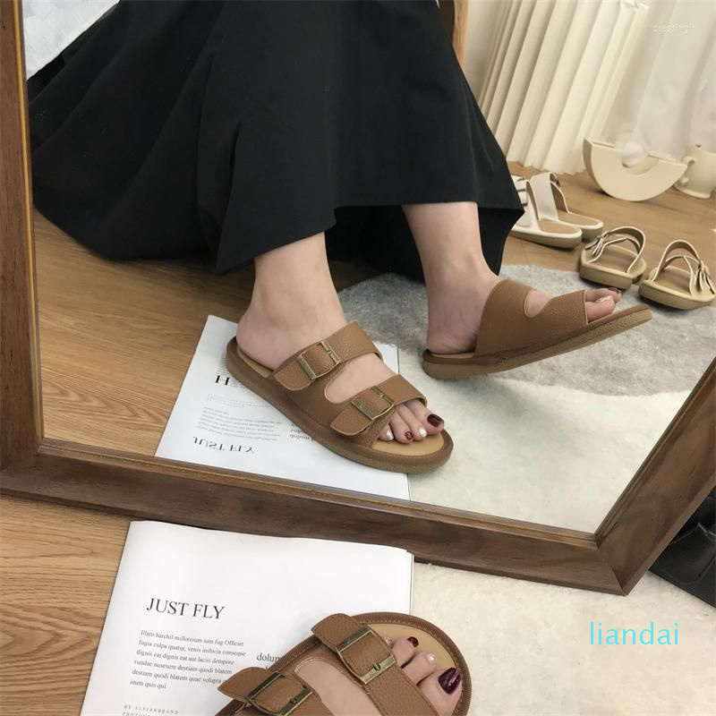 

Slippers Summer Women Outside Buckle Slipper Casual Beach Holiday Open Toe Flat With Non-slip Slide Shoes, Khaki