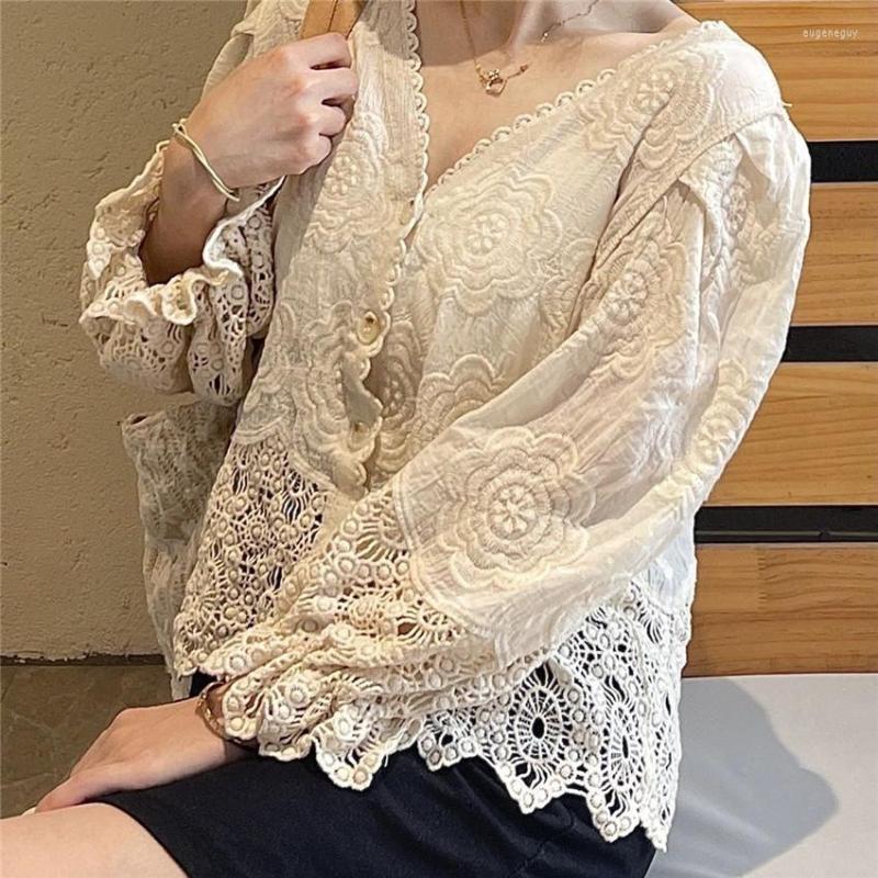 

Women's Blouses Women Cotton Linen Shirt Long Sleeve Floral Embrodiery Blouse Crop Top Spring Autumn White Shirts Blusa Mujer, Chiffon sleeve4