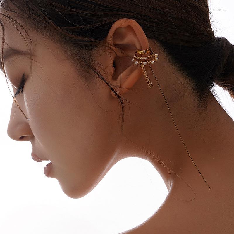 

Backs Earrings Pearl Long Tassel No Piercing Ear Cuff For Women Girls Cubic Zirconia Fashion Wrap Fake Cartilage Clip Jew