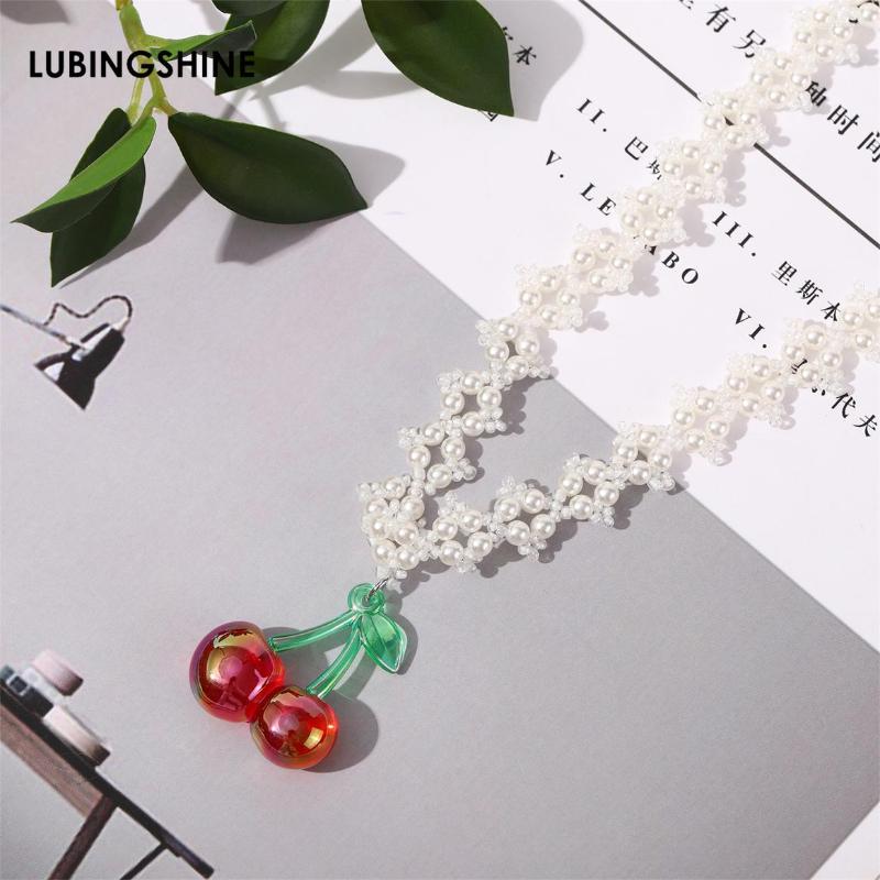 

Pendant Necklaces Korean Pearl Chain Cherry Strawberry Choker Necklace For Women Girls Luxury Crystal Collar Trendy Jewelry Gifts