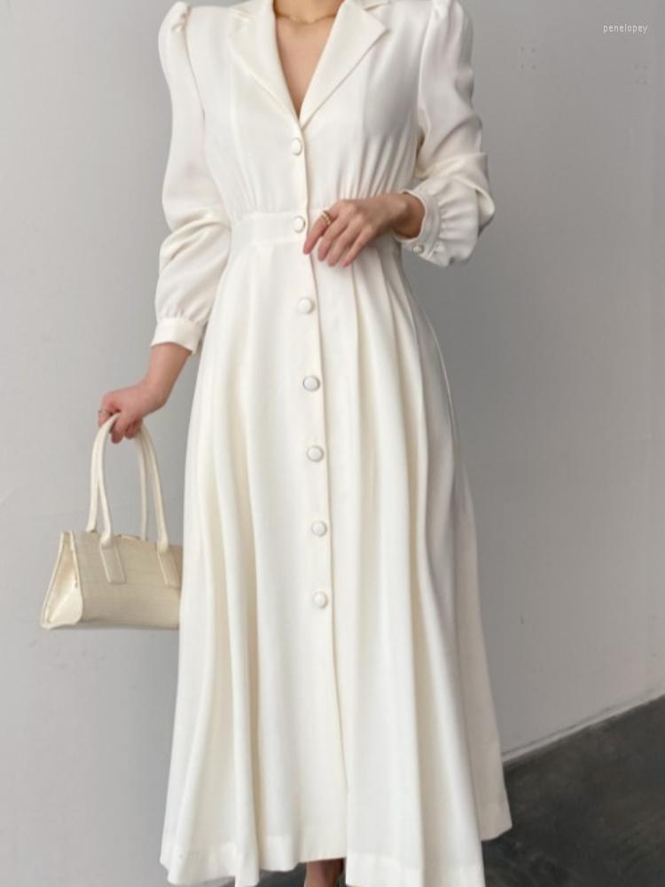 

Casual Dresses Korean Spring Dress For Womens Vintage Turn Down Blouse Woman Single Breasted Slim Waist Tunic Solid Vestito Da Donna, Black