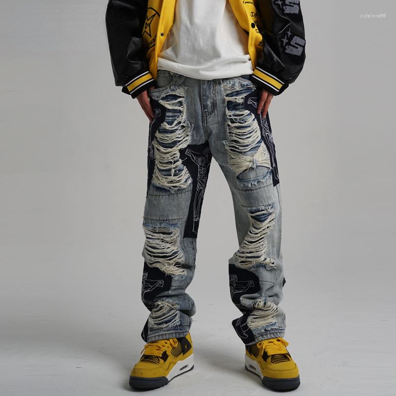 

Men' Jeans Men' Spring Y2K Vintage Ripped Clothes Fashion Trousers Cross Splicing Streetwear Straight Baggy Pants For Men, Blue