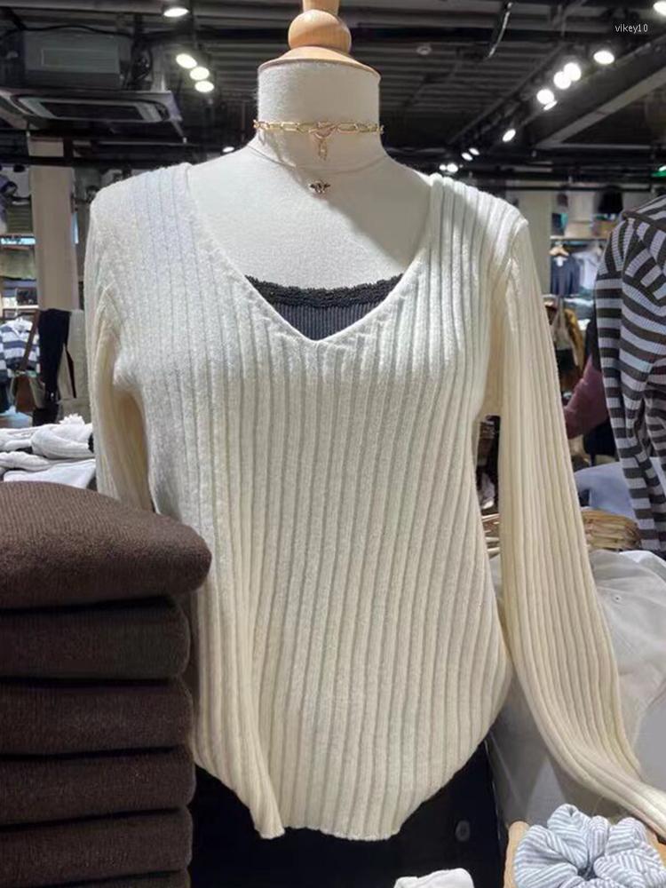 

Women's Sweaters Vintage Solid Knit Long Sleeve Women 2023 Autumn Sweet V Neck Short Slim Y2k Tops Ladies Harajuku Cute Cotton Sweater, Beige-white