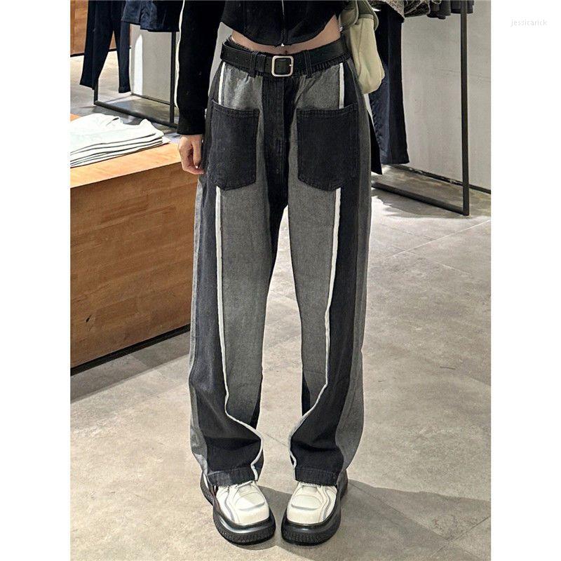 

Women' Jeans Contrast Color Straight Leg High Street Pants Design Sense Lengthened Women' Loose Autumn, Black