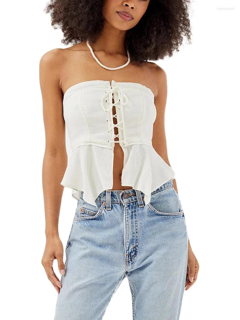 

Women' Tanks Women Tube Top Strapless Backless Tie-up Irregular Hem Summer Ladies Vest For Club Party, Black