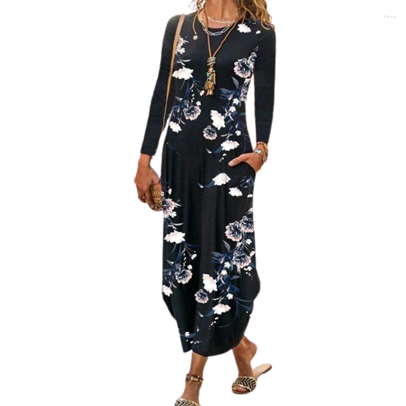 

Casual Dresses 2023 Floral Print Dress Women Long Sleeve Autumn Midi Fashion O-Neck Black Slim Femme Oversized, 210707 -1