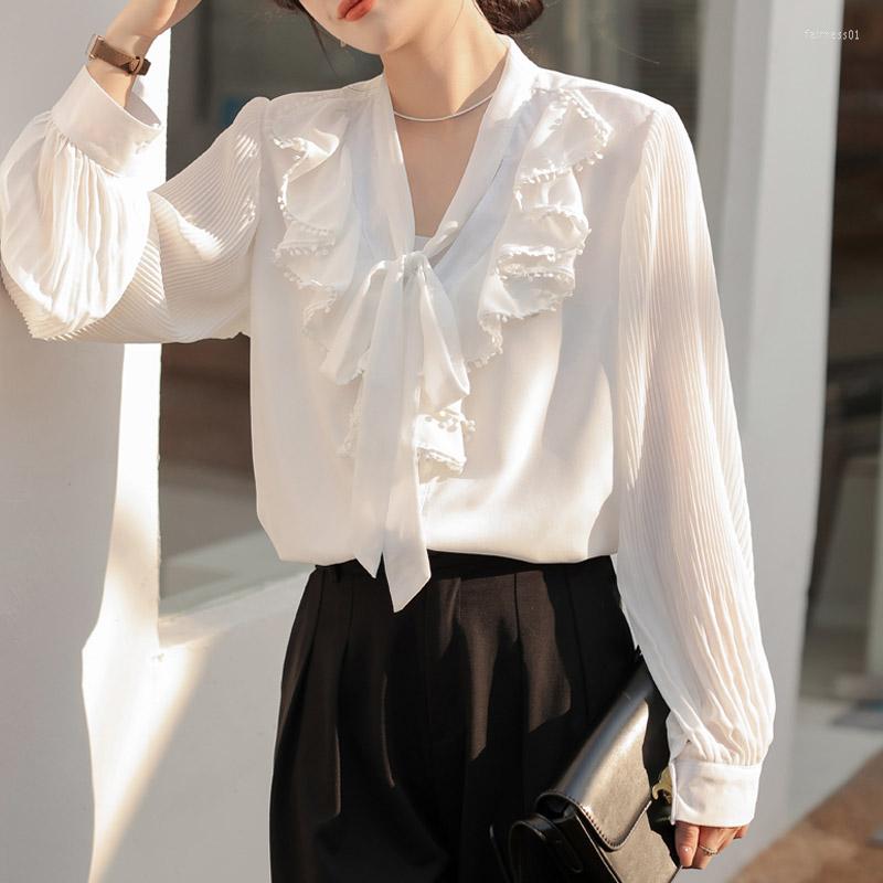 

Women' Blouses Elegant Ladies Shirt Korean Style Womans Blouse Spring Summer Lantern Sleeve Solid Color Chiffon Shirts Tops Blusa Mujer, Ivory