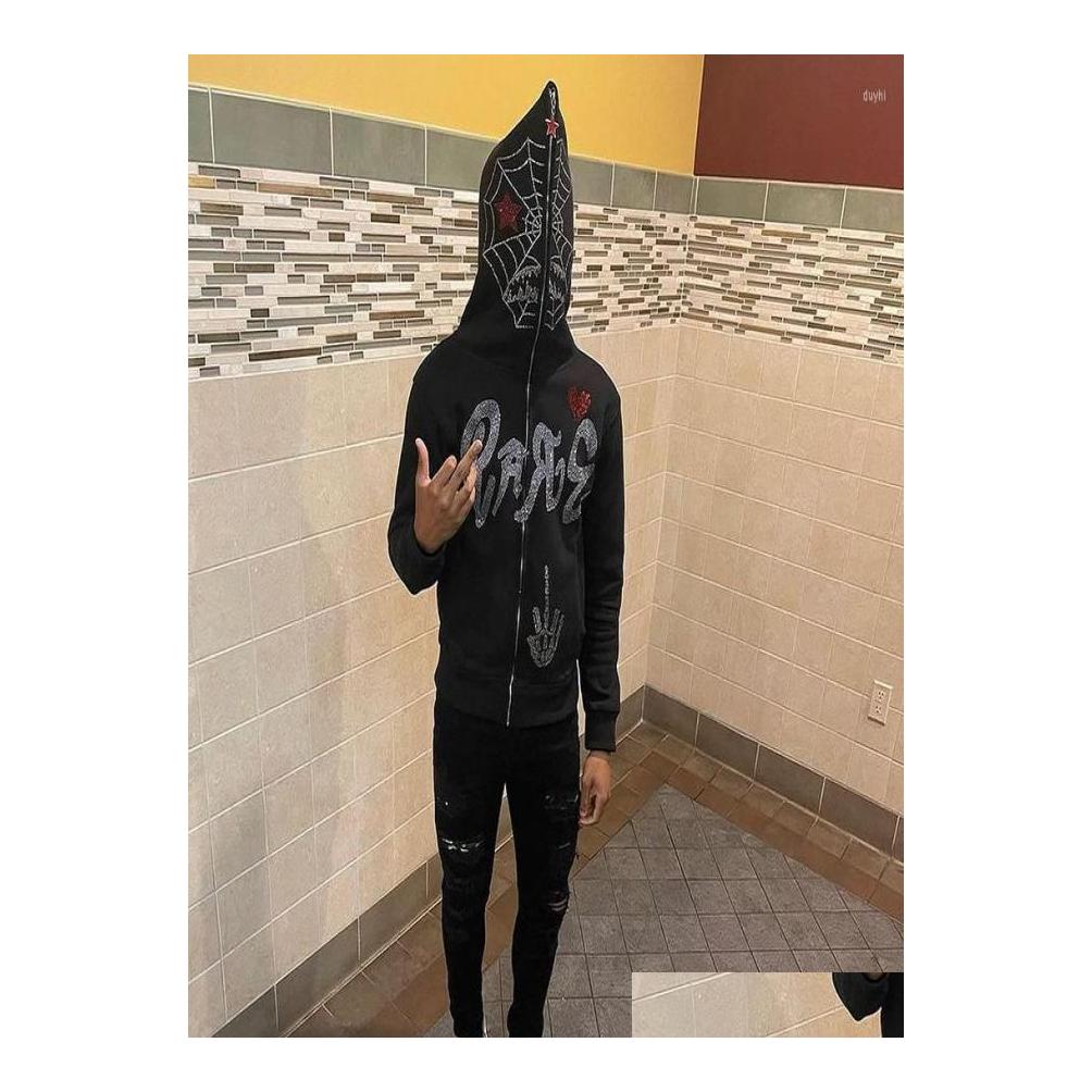 

Men' Hoodies Sweatshirts Men039S Y2K Fl Zip Up Hoodie Men Autumn Winter Gothic Rhinestones Web Sweatshirt Hip Hop Grunge Skeleton Otxc2, Ea01123-dark grey