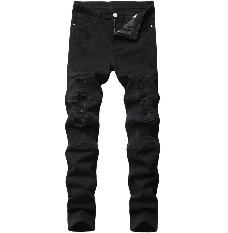 

Mens Black Fashion Jeans Ripped Denim Pants Skinny Pencil Holes Broken Biker Plain Solid9656517