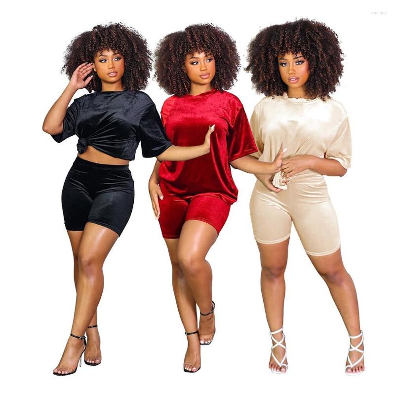 

Women's Shorts Two Pieces Set Women Solid Color Casual Matching Fashion Short Sleeve Tops And Summer Velvet Women's Sports Suit, Black