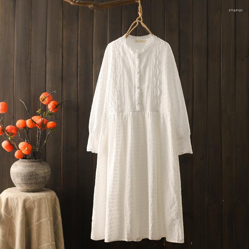 

Casual Dresses Spring And Autumn Women Fashion Lace Embroidery Long Dress Hollow Out Shirred Neck Female White Elegant Japanese Vestido