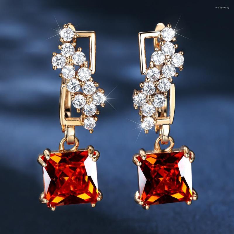 

Hoop Earrings Luxury Gold Plated Red Square Zircon Clip For Women Boho Crystal Zirconia Female Banquet Jewelry Gift