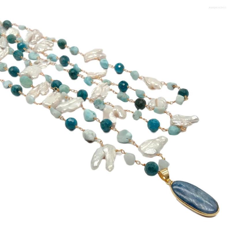 

Chains YYGEM Natural Kyanite Pendant Necklace 3 Strands White Keshi Pearl Larimar Apatite Wrap Statement 17'' For Women