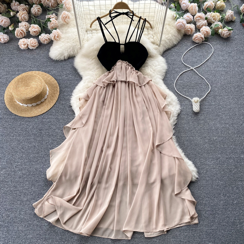 

New Vintage Casual Dresses Spring Autumn Sweet French Dress Super Fairy Holiday Irregular Suspender Dresses Fashion Seaside Beach Stitching Chiffon Vestidos 2023, Same as picture