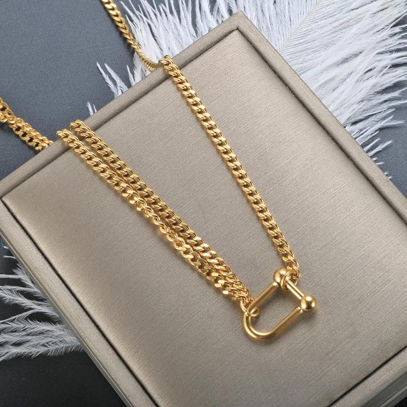 

Pendant Necklaces ZMFashion U-Shaped Double-Layer Chain Necklace Steel Golden Color Gold-Plated Unisex Fashion Jewelry Kpop Choker