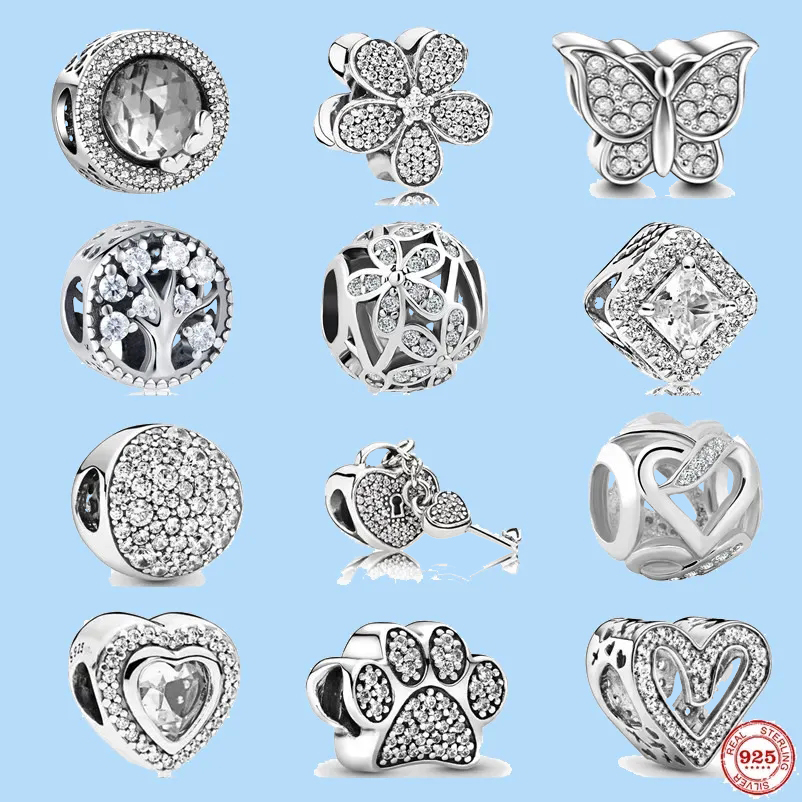 

925 sterling silver charms for pandora jewelry beads DIY Pendant women Bracelets beads Shining Zircon Heart Shaped Flowers