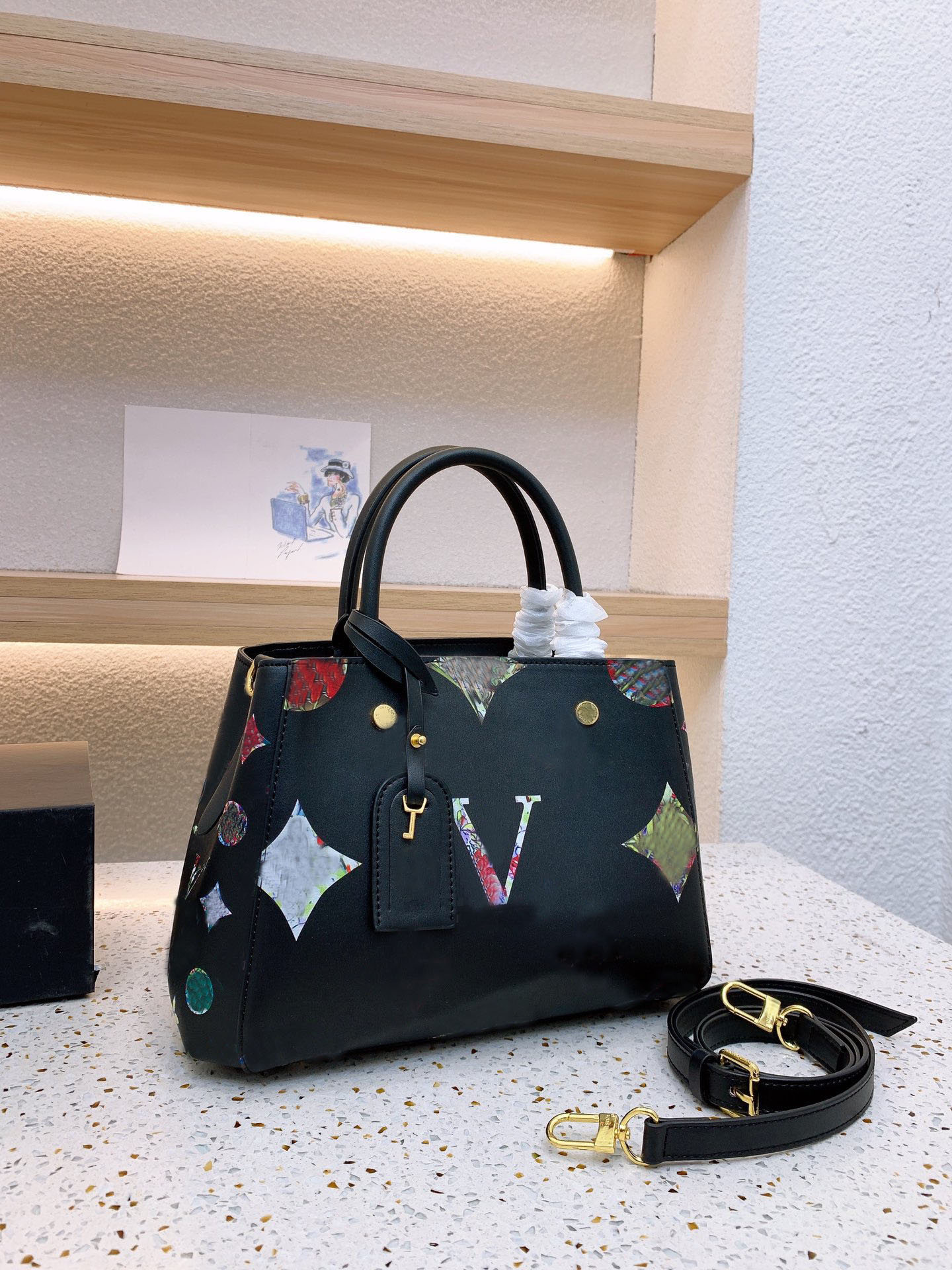 

Runway style women color printing handbag clutch handbag luxury designer bag shoulder bag brand shopping package evening bags tote bag, Black big logo