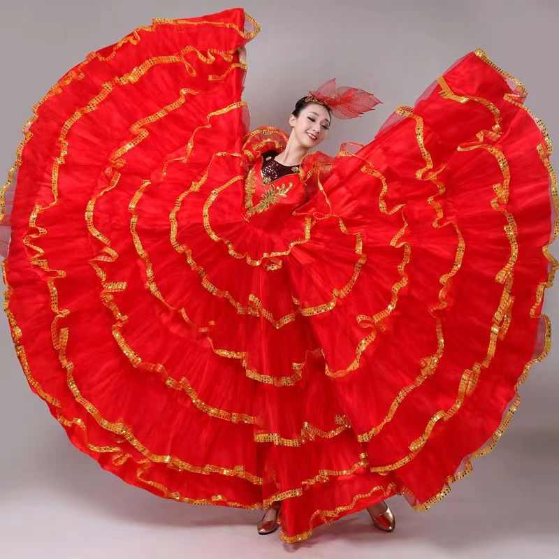 

Spanish Bull Dance Opening Dance Big Swing Skirt Performance Costume Female Atmosphere Long Dress Accompanying Dance Costume Big Red Stage Costume